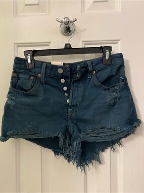 Levi's Teal Distressed Button-Fly Denim Shorts
